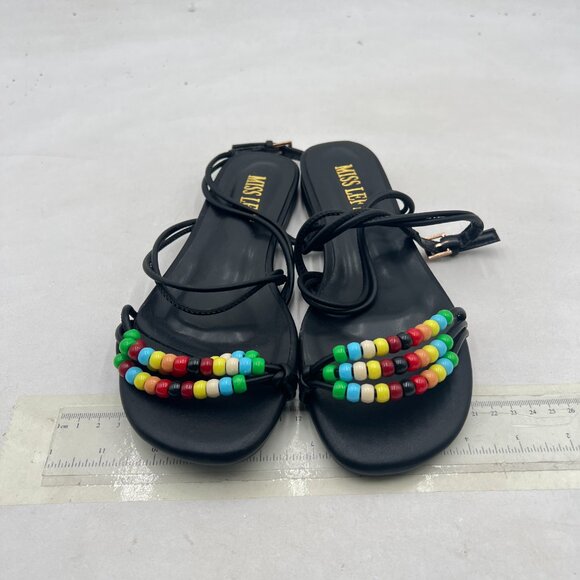 miss left Black Beaded Flat Sandals for Women Ankle Strap Open Toe Slide Sandals - Picture 3 of 8